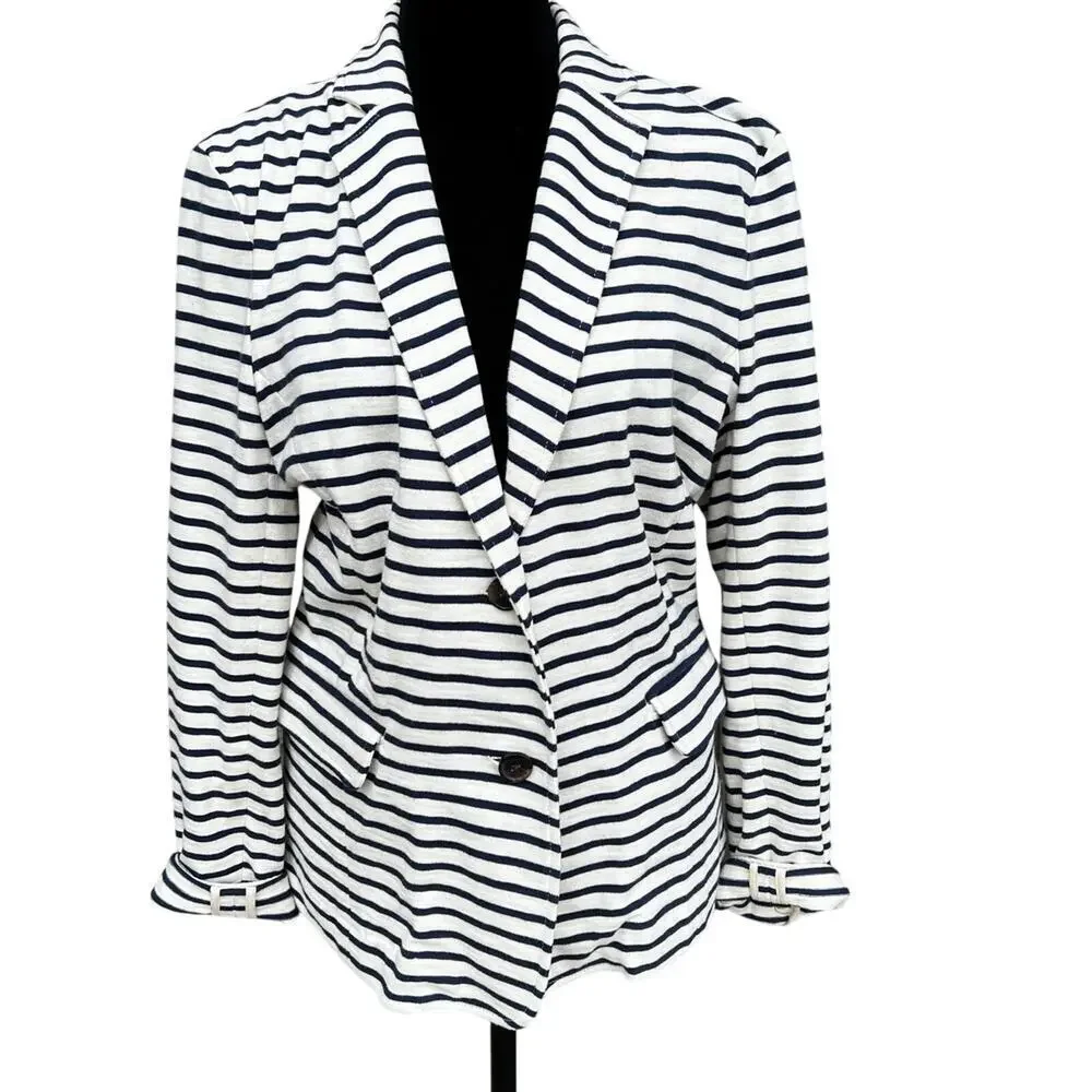 J.CREW size M blazer cream with navy stripes cotton - Picture 2 of 11